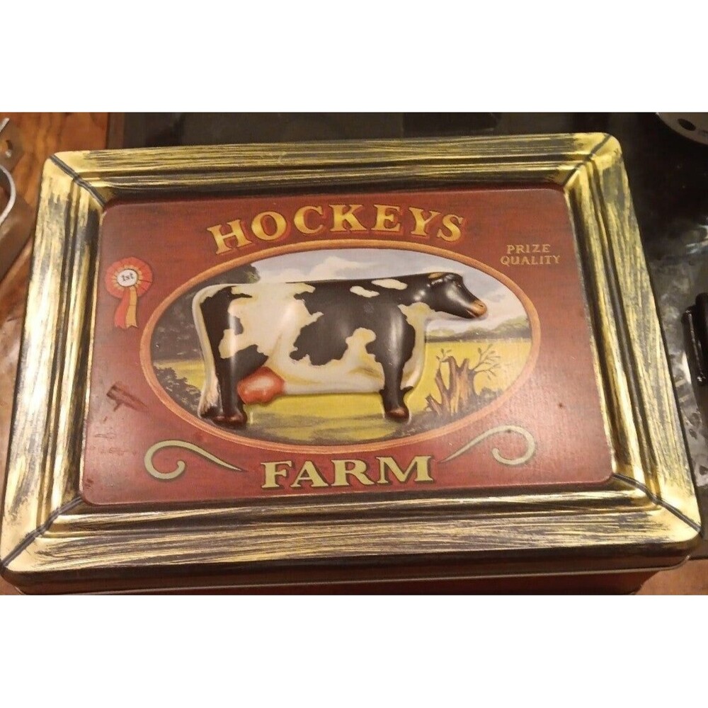 Vintage Hockey's Farm  3D Cow Rectangular Tin  (9"x7") By Olive Can Company